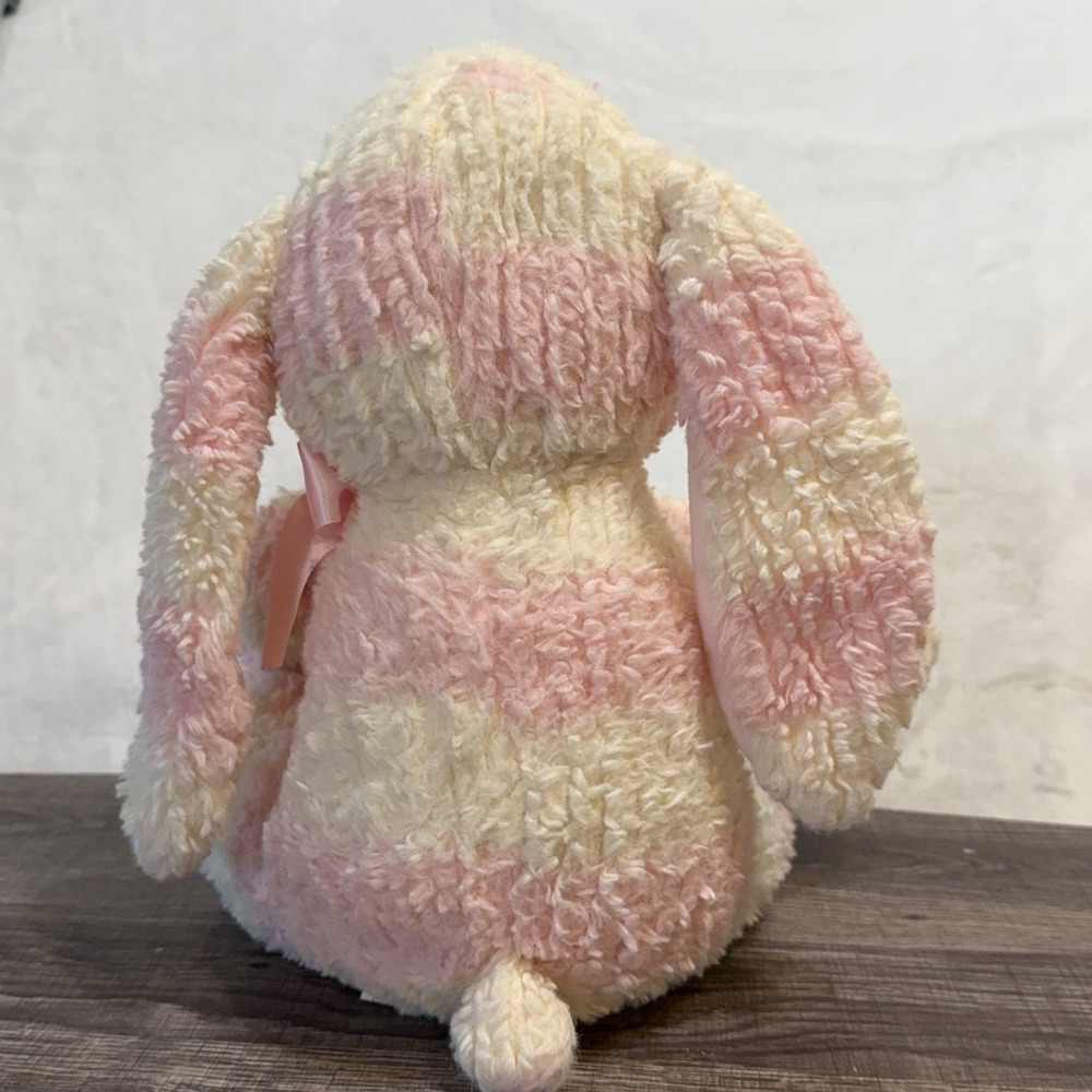 Pink Ribbon White Soft Textured Easter Bunny Plush Striped Rabbit Stuffed Animal - Picture 4 of 9